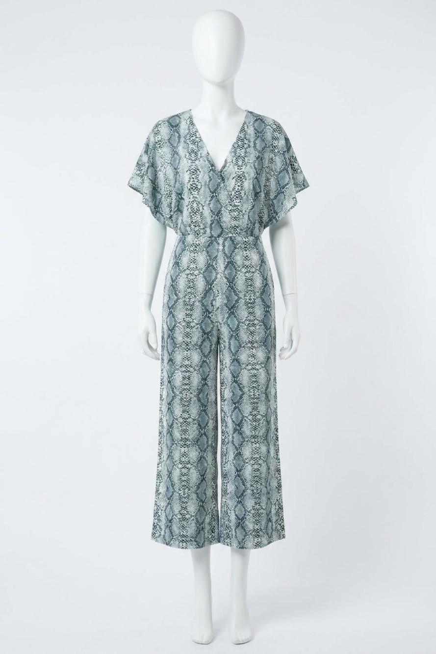 NEW SEE AND BE SEEN snake print surplice jumpsuit in grey